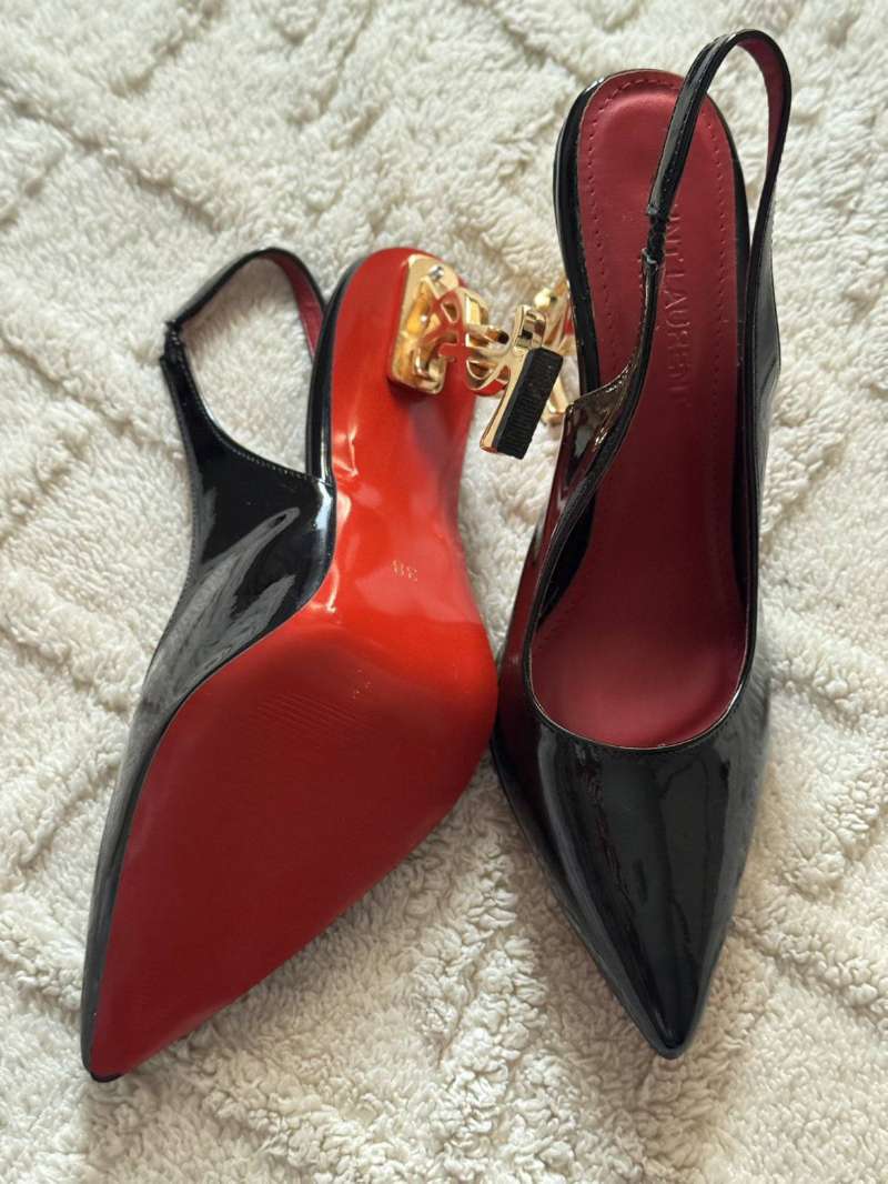✨ Escarpins femme style luxe noir verni avec talon doré YSL ✨