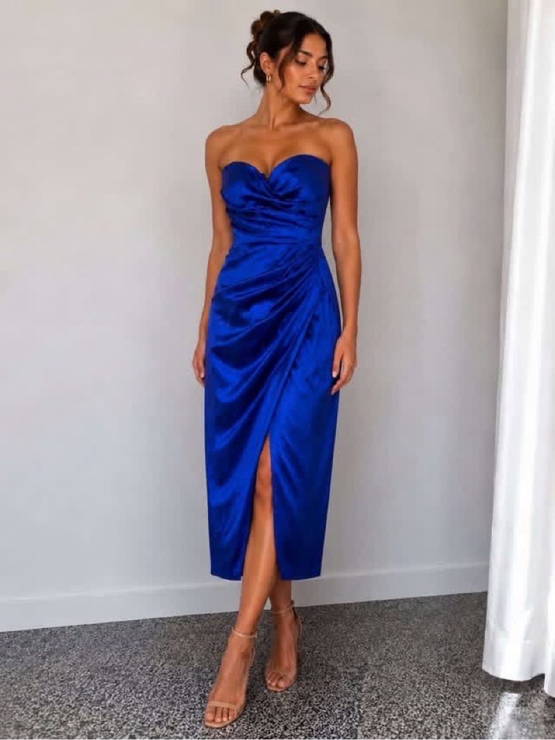 Robe de soirée drapée Bleu Roi en satin taille S
