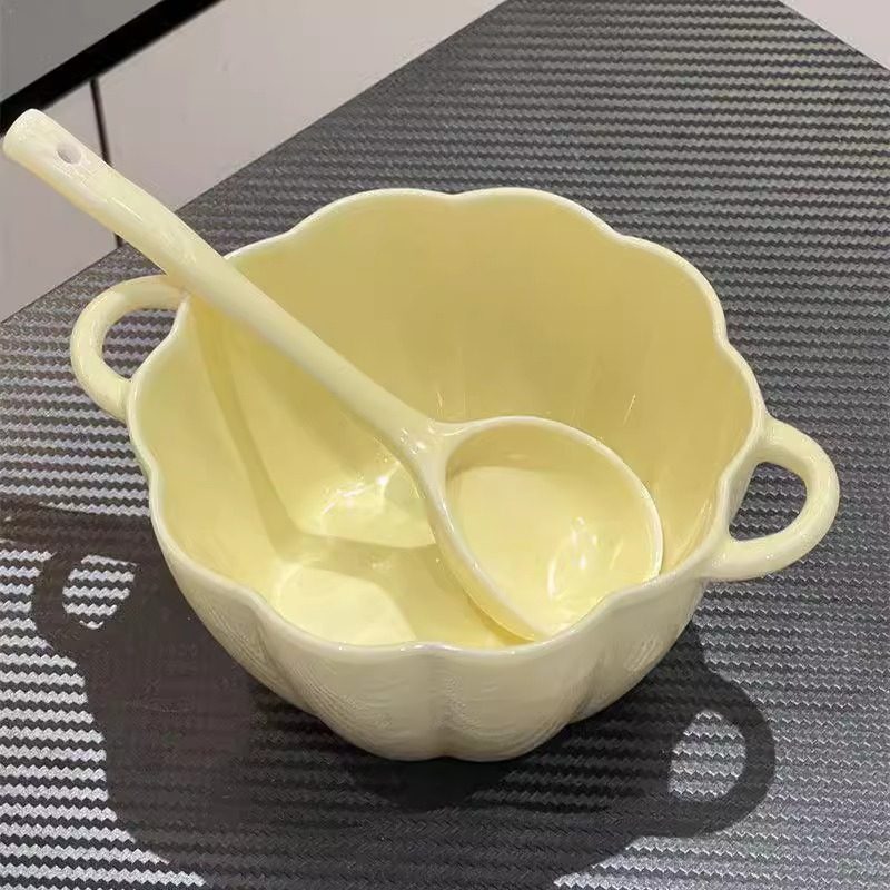 Bol en céramique avec cuillère assortie, style crème (1 bol + 1 cuillère)