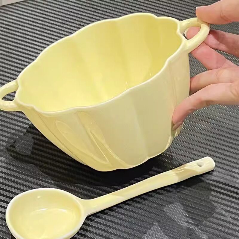 Bol en céramique avec cuillère assortie, style crème (1 bol + 1 cuillère) - Miniature 3