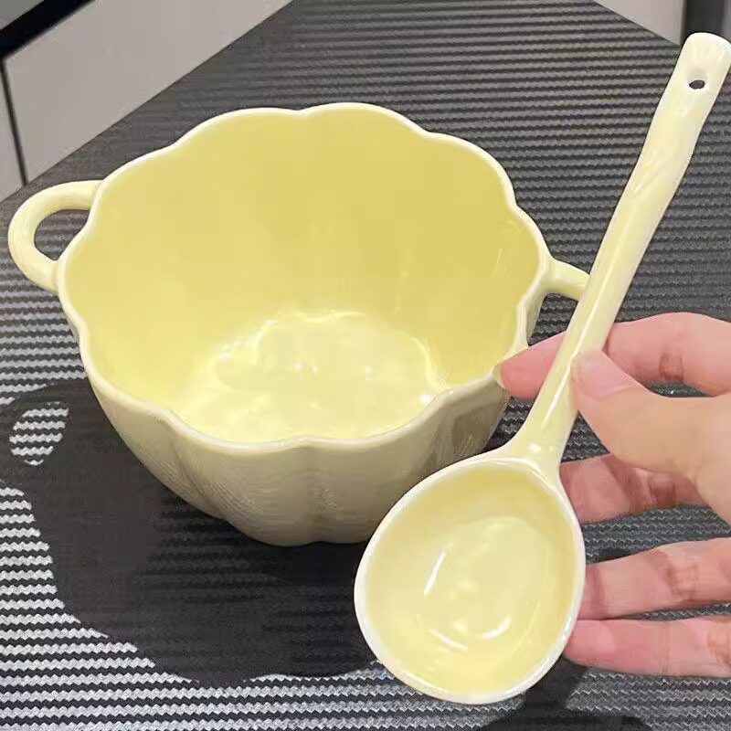 Bol en céramique avec cuillère assortie, style crème (1 bol + 1 cuillère) - Miniature 4