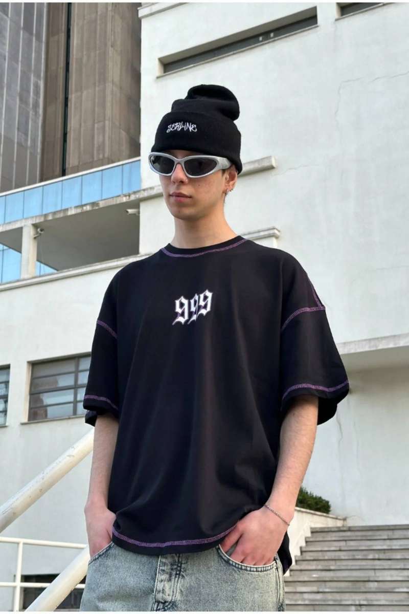T-shirt noir oversize 999 – Graphique violet et blanc – Streetwear - Miniature 2