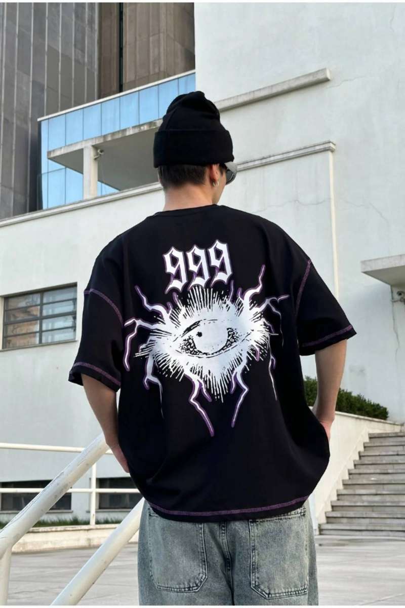 T-shirt noir oversize 999 – Graphique violet et blanc – Streetwear - Miniature 5