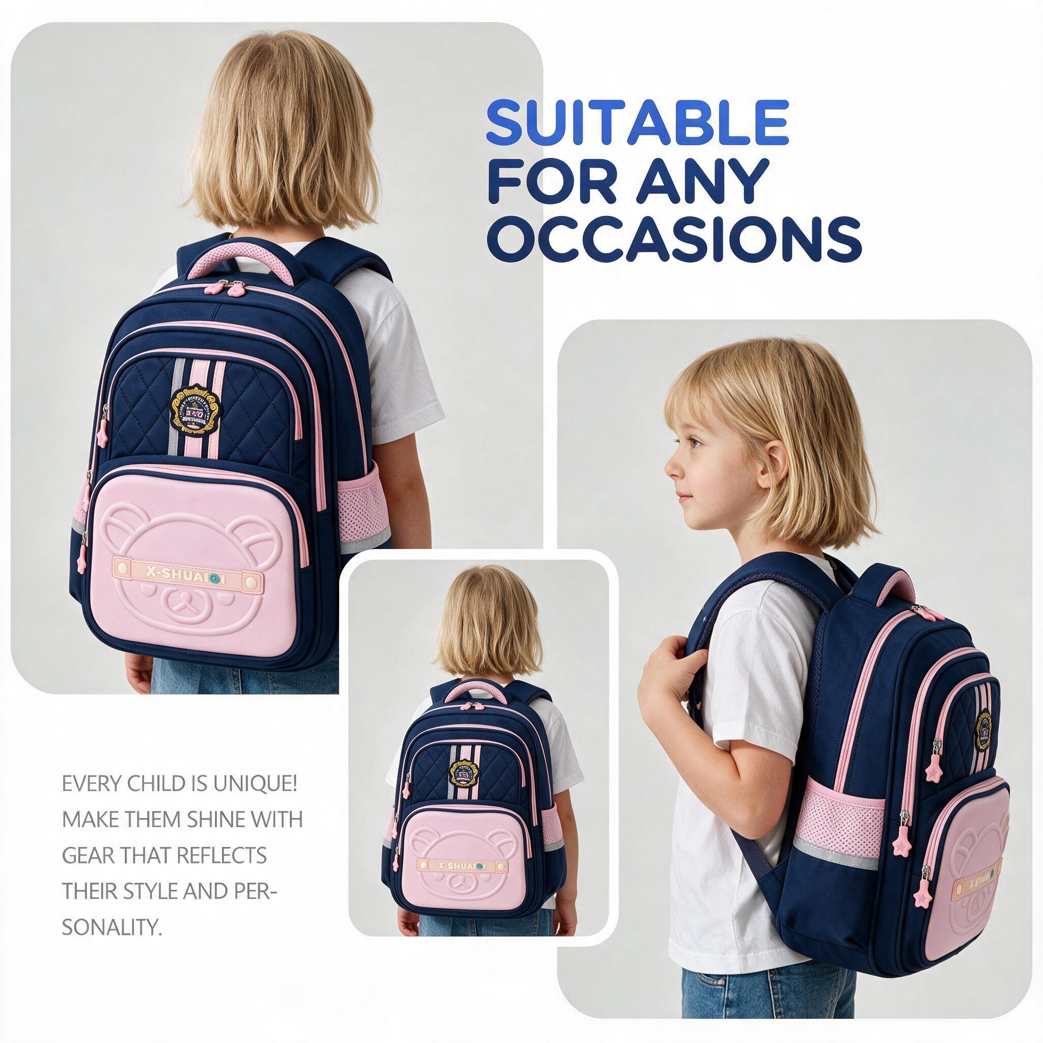 Sac à Dos Scolaire Style Kawaii Grand Volume Tissu Imperméable Bleu et Marron SA