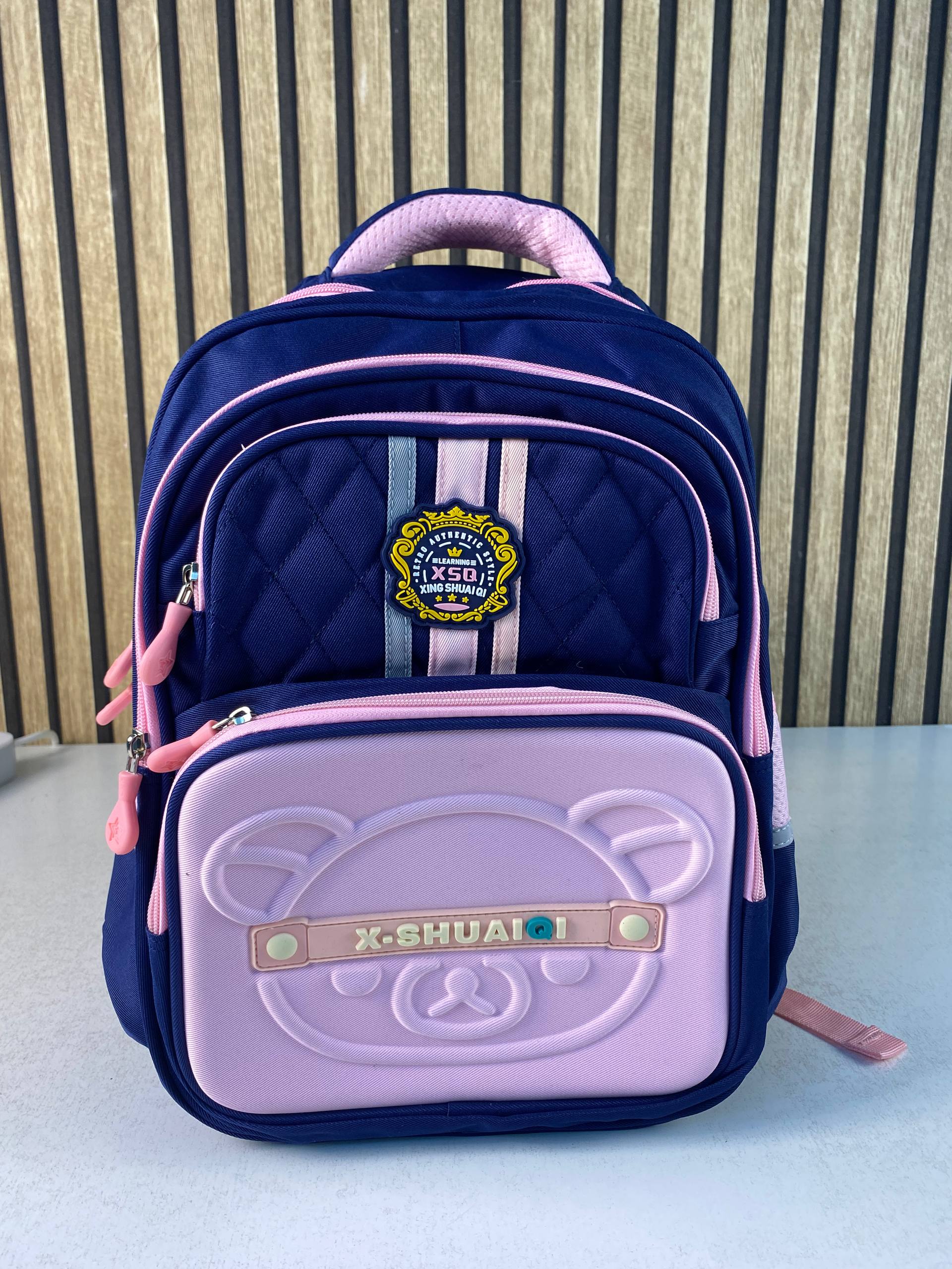 Sac à Dos Scolaire Style Kawaii Grand Volume Tissu Imperméable Bleu et Marron SA - Miniature 3