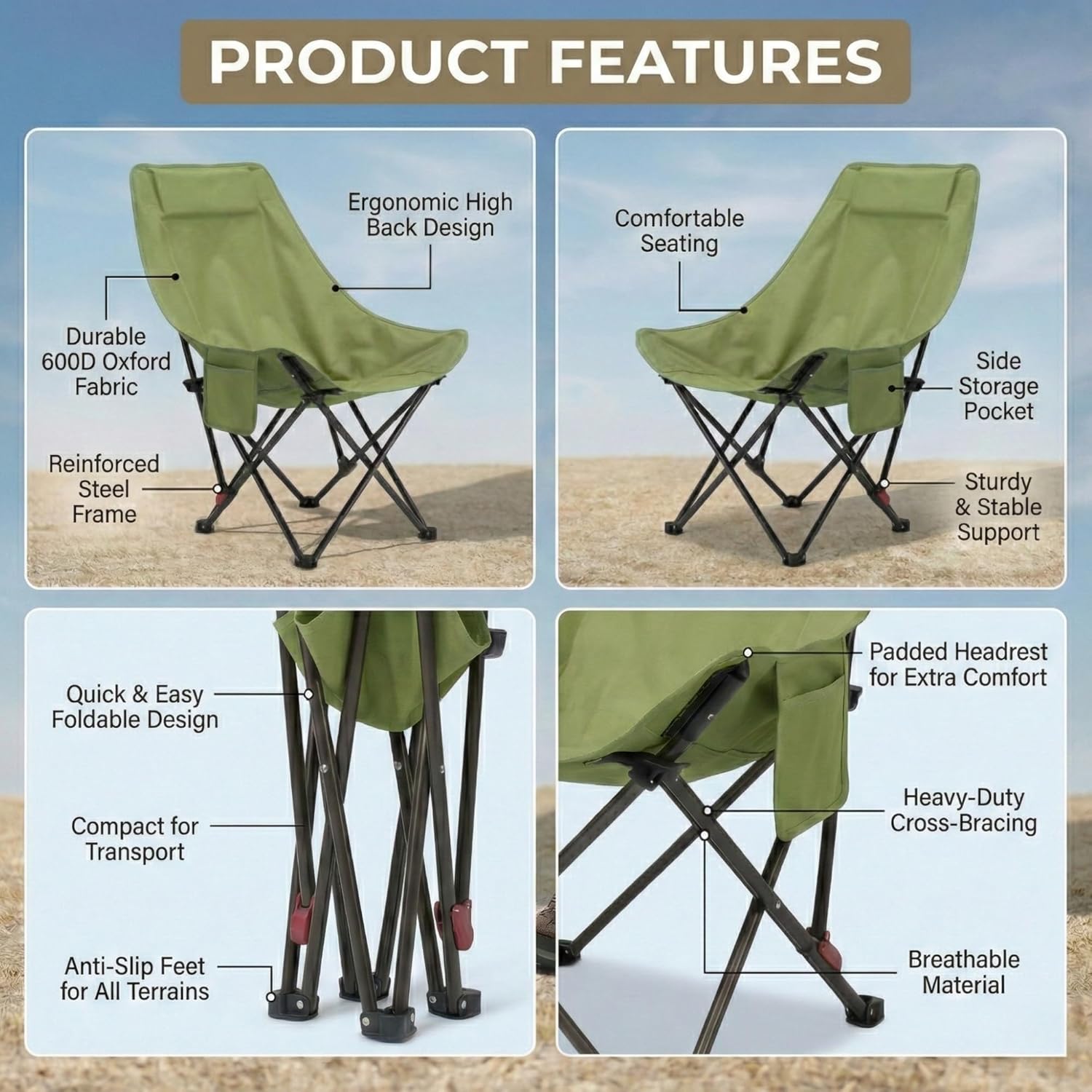 Chaise de Camping Pliante avec Dossier Réglable - كرسي تخييم بظهر عالي مريح قابل - Miniature 2