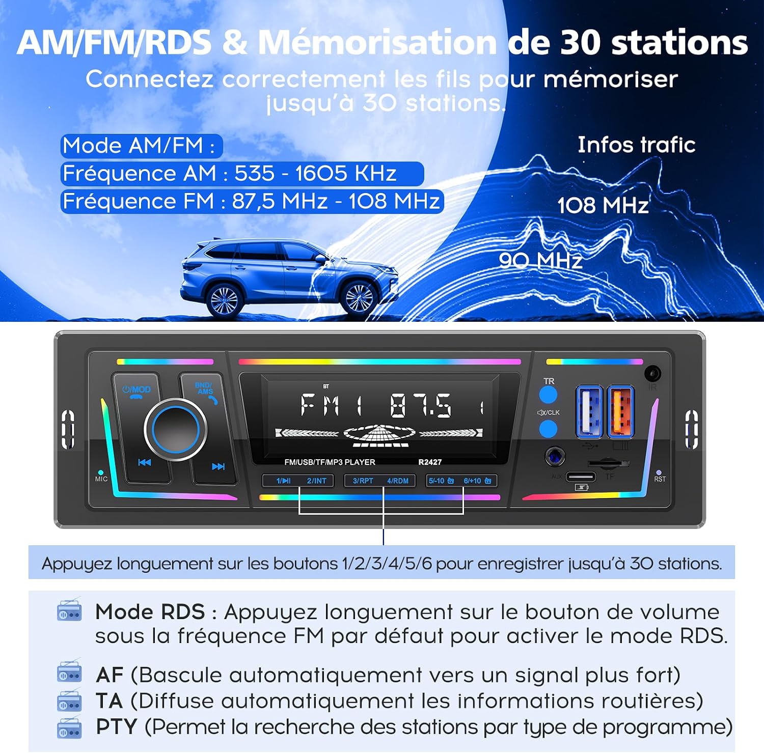 Autoradio Bluetooth 5.0 1DIN Charge Rapide USB et Type-C, Éclairage Personnalisa - Miniature 3