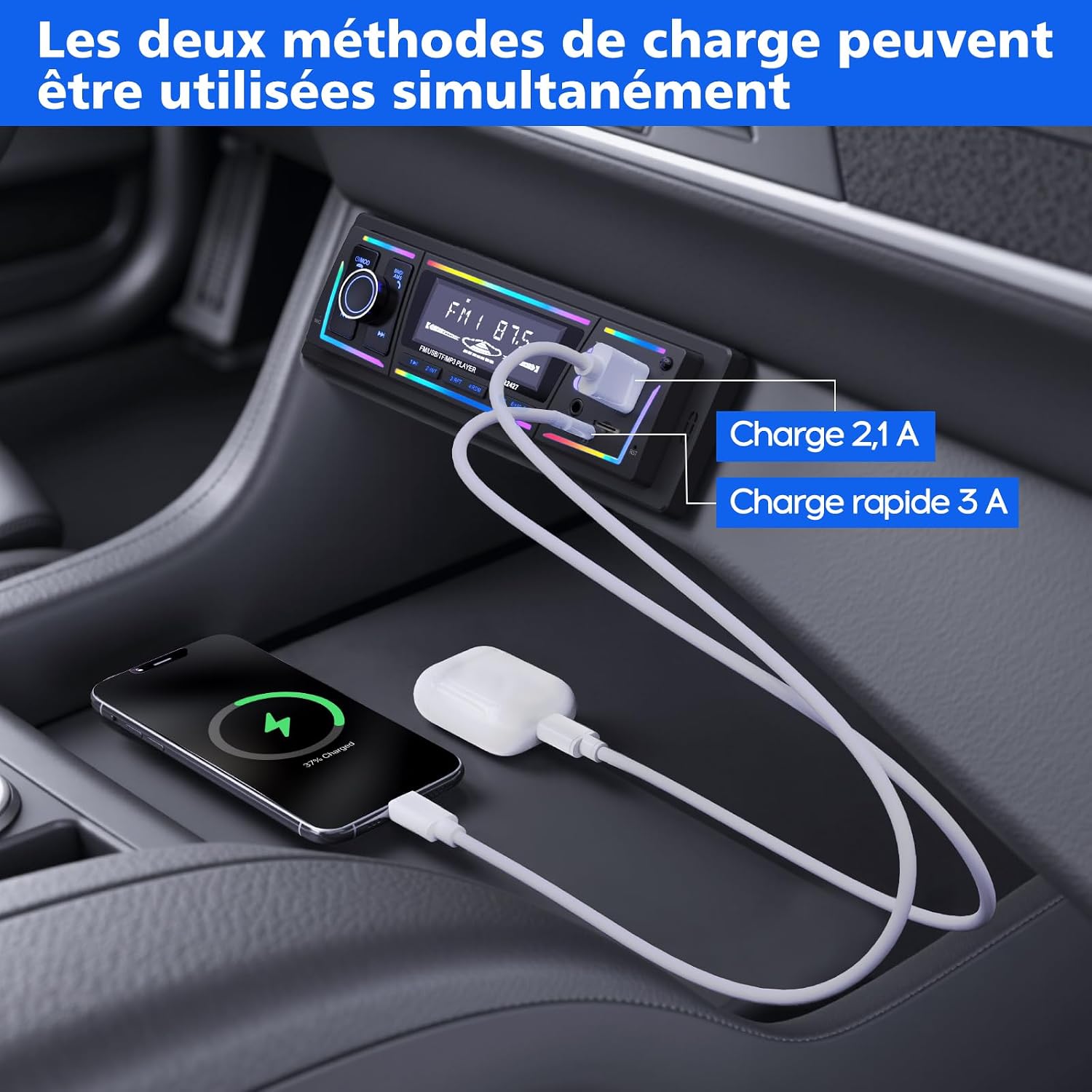 Autoradio Bluetooth 5.0 1DIN Charge Rapide USB et Type-C, Éclairage Personnalisa