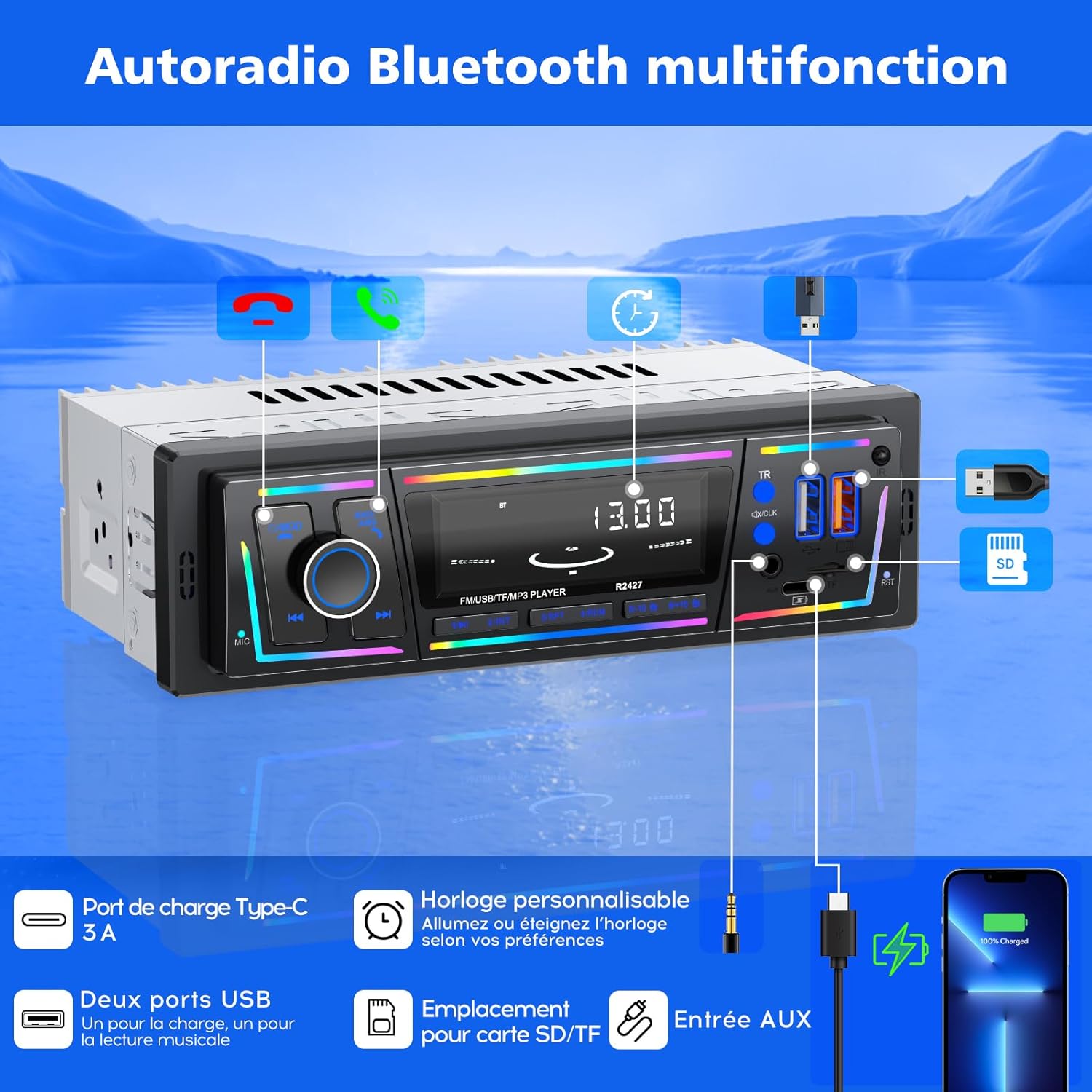 Autoradio Bluetooth 5.0 1DIN Charge Rapide USB et Type-C, Éclairage Personnalisa - Miniature 4