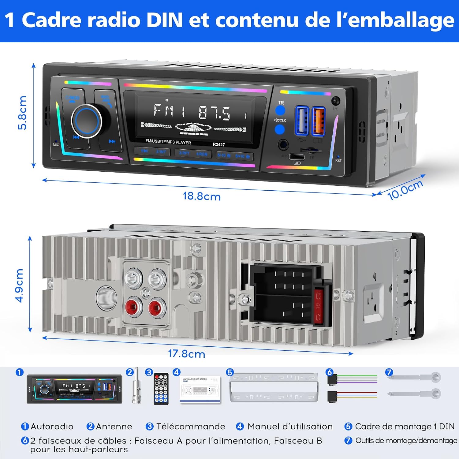 Autoradio Bluetooth 5.0 1DIN Charge Rapide USB et Type-C, Éclairage Personnalisa - Miniature 2